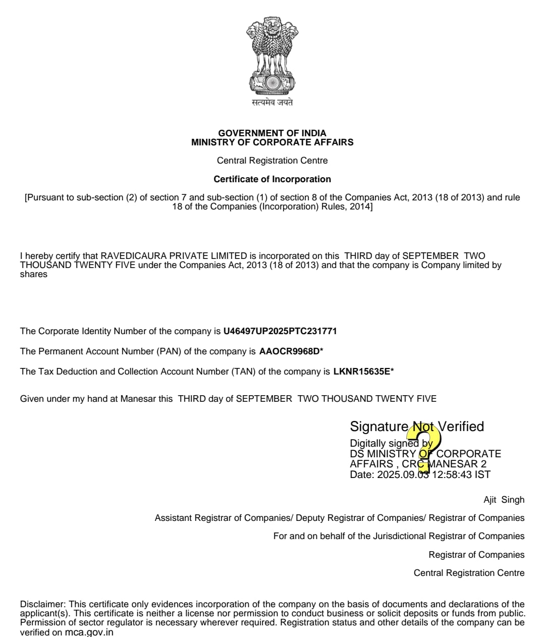 Incorporation Certificate